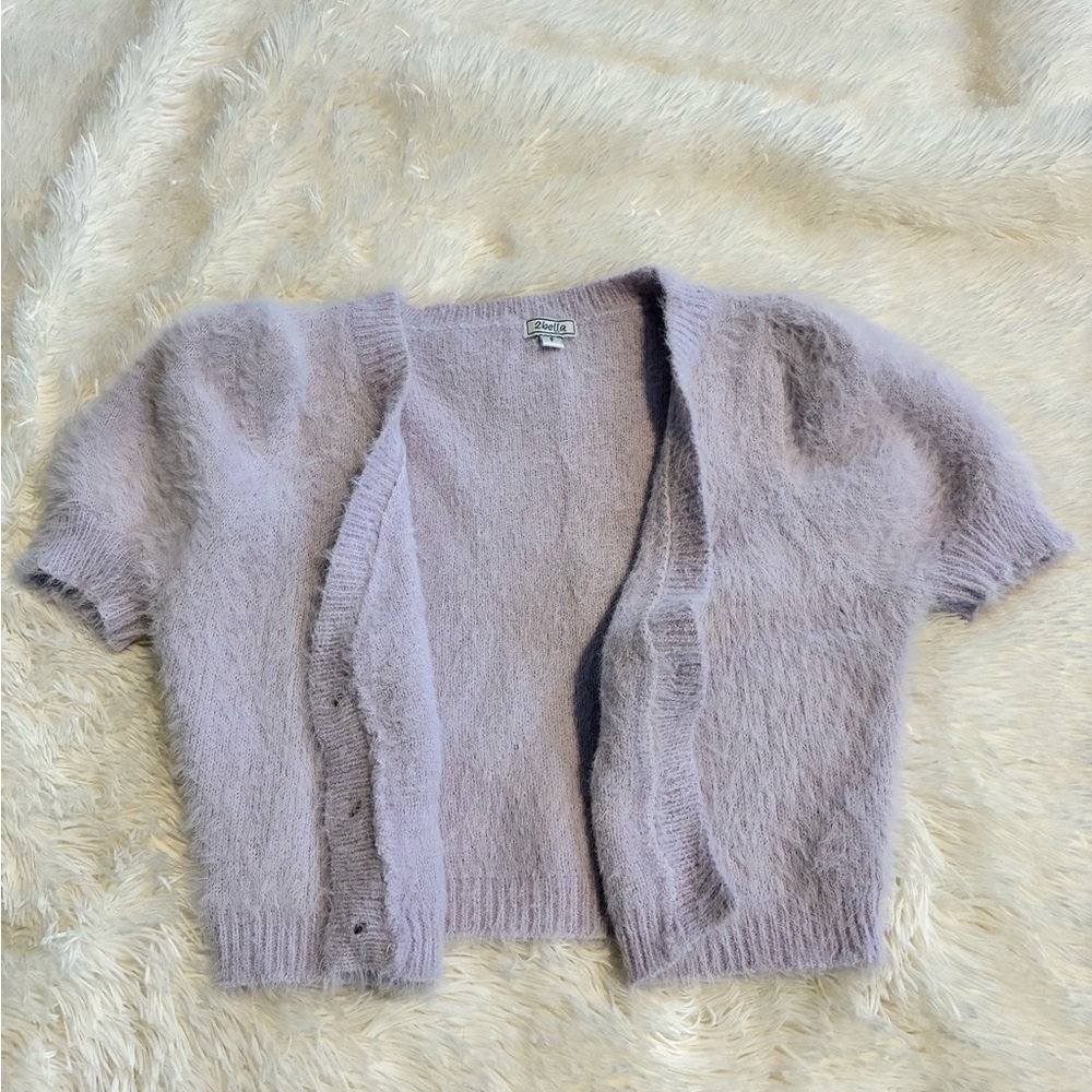 2bella Lavender Fuzzy Crop Cardigan | Soft Girl Button Front | Size Small - Picture 3 of 5